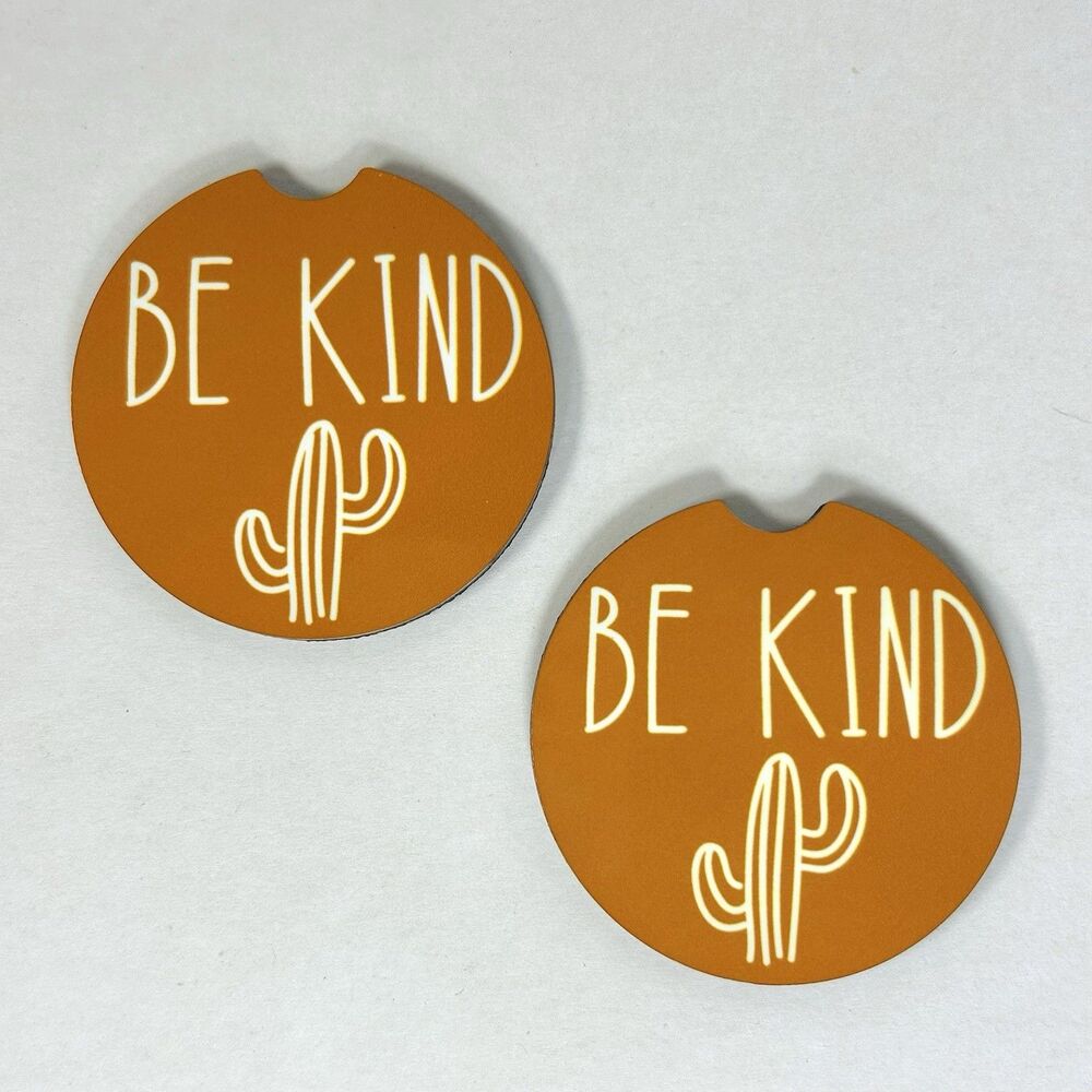 Be Kind Terracotta Cactus Cork Back Car Coasters - Set of 2 - Car Accessories